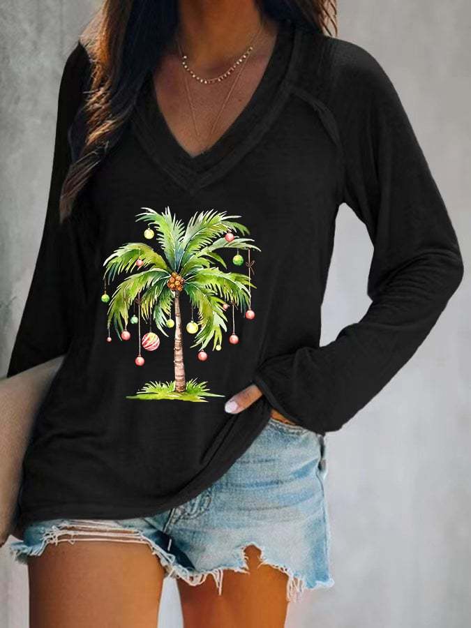 Women's Casual Christmas Palm Tree Print Long Sleeve T-Shirt