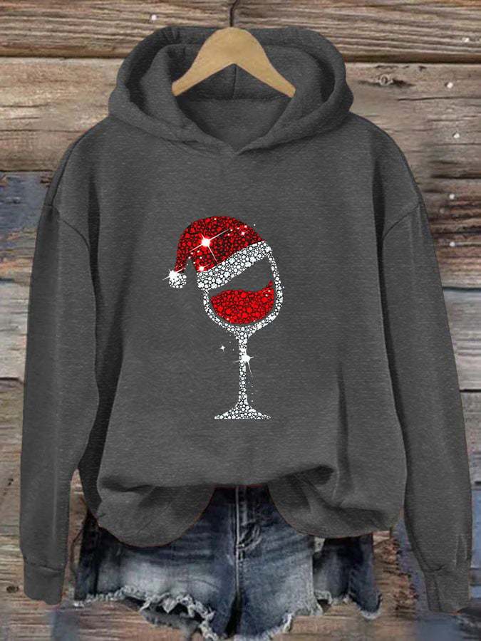 Women's Christmas Shiny Red Wine Glass Casual Hoodie