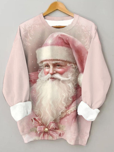 Pink Santa Claus Print Casual Crew Neck Sweatshirt