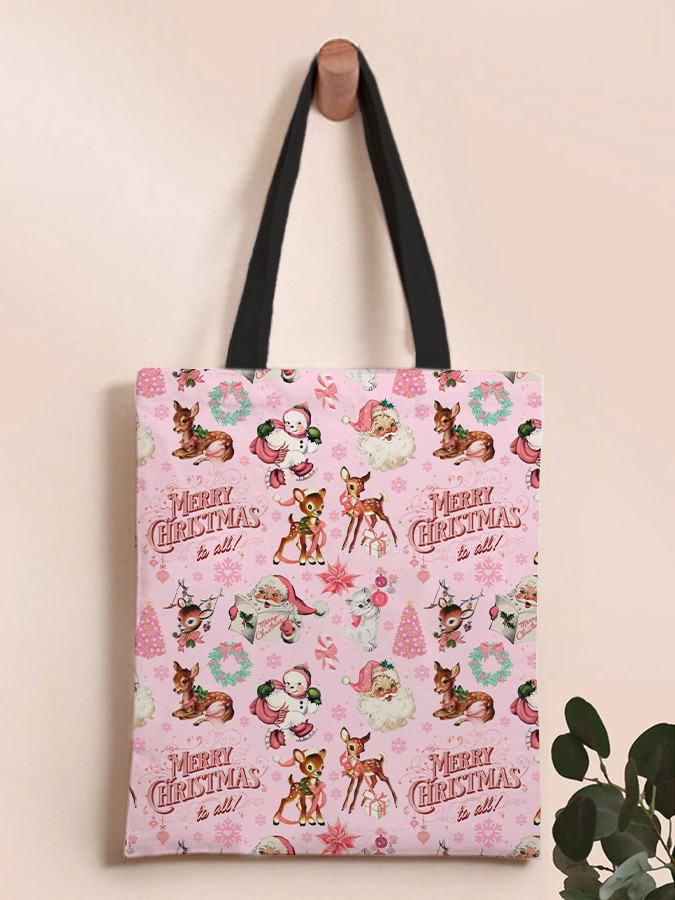 Retro Pink Christmas Print Shoulder Canvas Bag