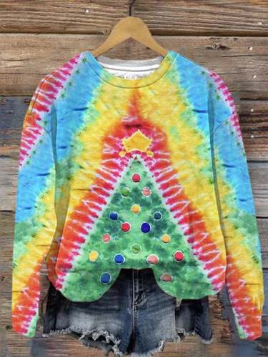 Women's Tie-dye Colorful Christmas Tree Print Sweatshirt