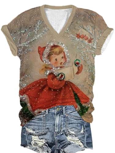 Women's Vintage Christmas Print T-Shirt