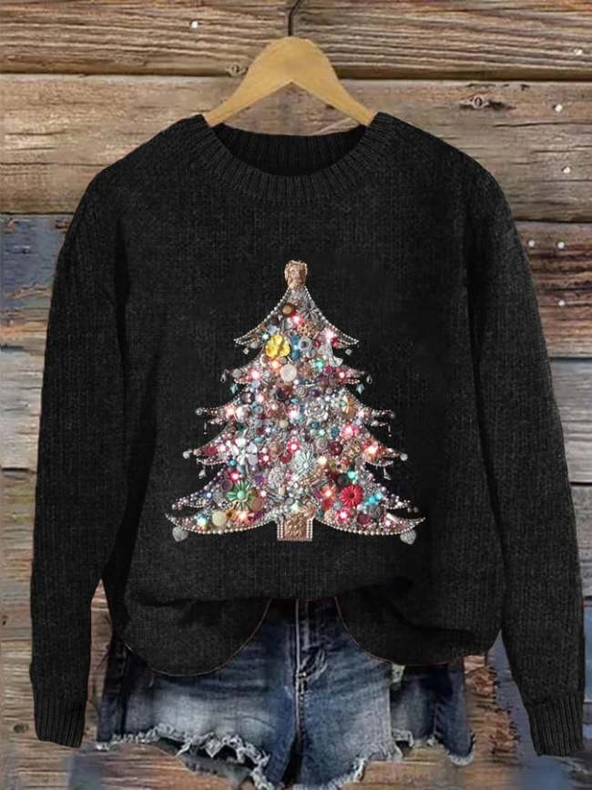 Women's Shiny Jewelry Christmas Tree Print Casual Sweatshirt