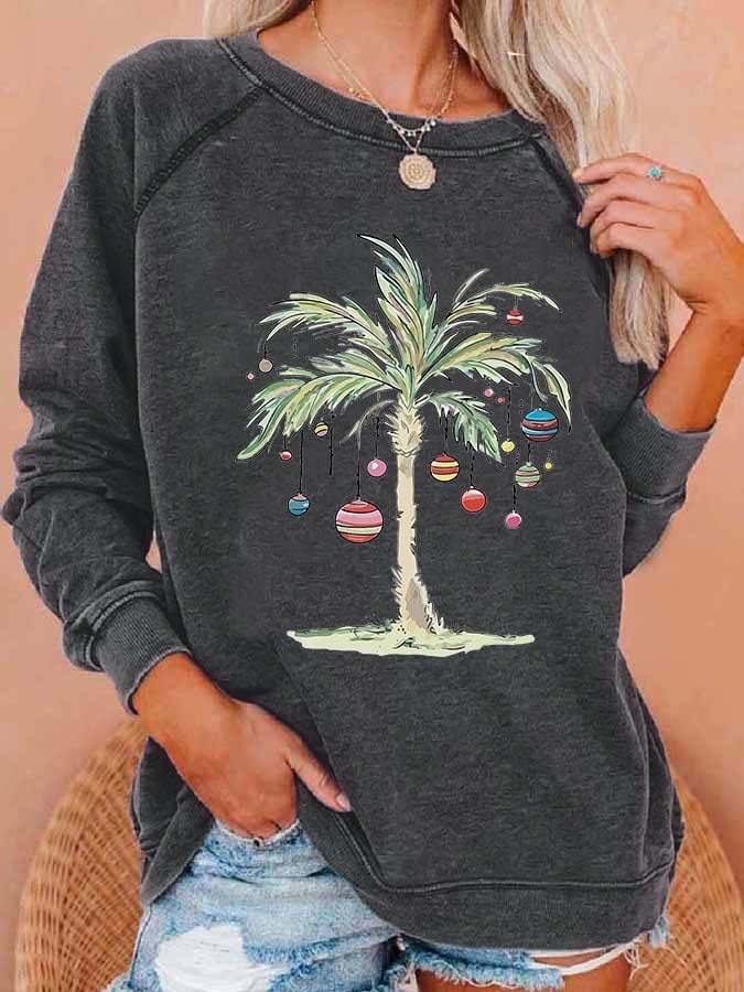Women'S Casual Merry Christmas From Coconut Tree Printed Long Sleeve Sweatshirt