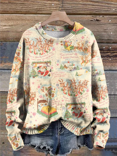Vintage Christmas Elk Print Casual Knitted Sweater