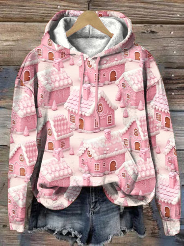 Dreamy Pink Gingerbread Village Print Hooded Sweatshirt