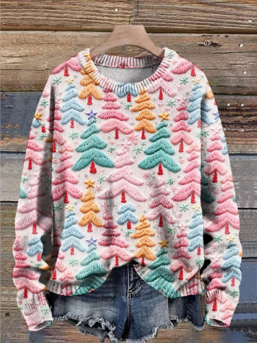 Pink Christmas Tree Print Casual Knitted Sweater