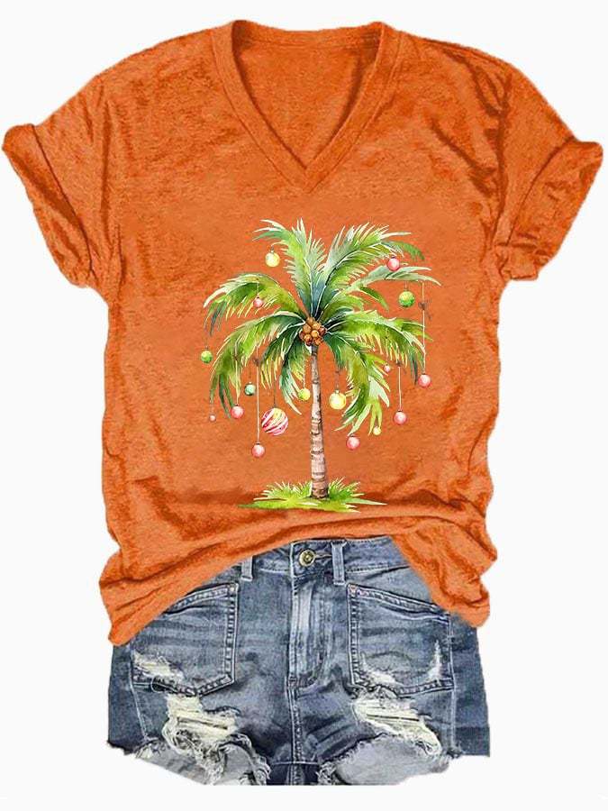 Women's Casual Christmas Palm Tree Printed Short Sleeve T-Shirt