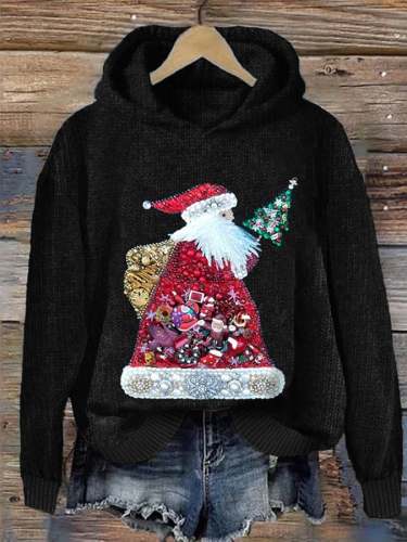 Women's Christmas Santa Claus Christmas Tree Jewel Art Print Hooded Sweatshirt