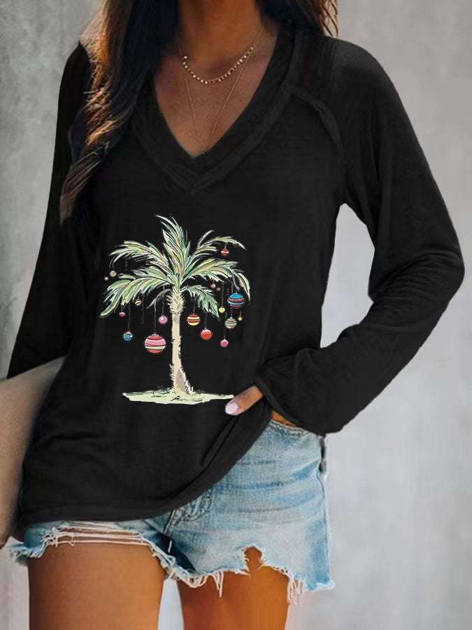 Women's Casual Merry Christmas From Coconut Tree Print Long Sleeve T-Shirt