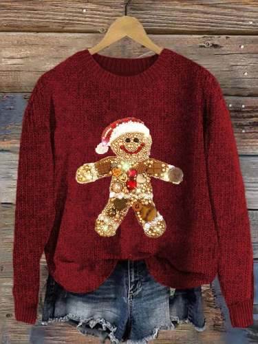 Women's Christmas Gingerbread Man Jewel Art Crew Neck Sweatshirt