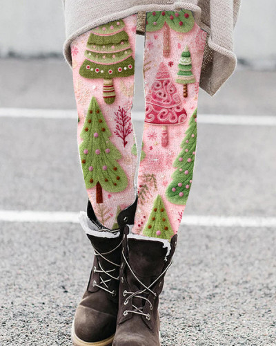 Pink Christmas Tree Print Casual Leggings