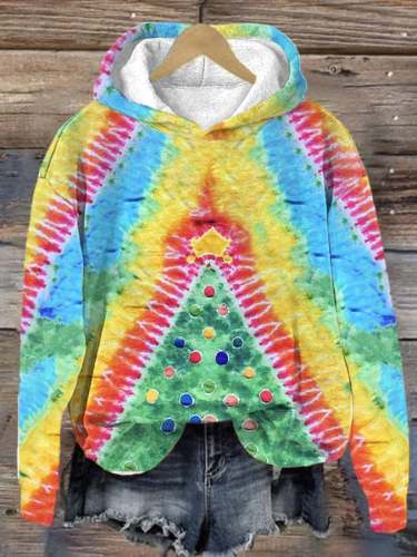 Women's Tie Dye Colorful Christmas Tree Print Casual Hooded Sweatshirt