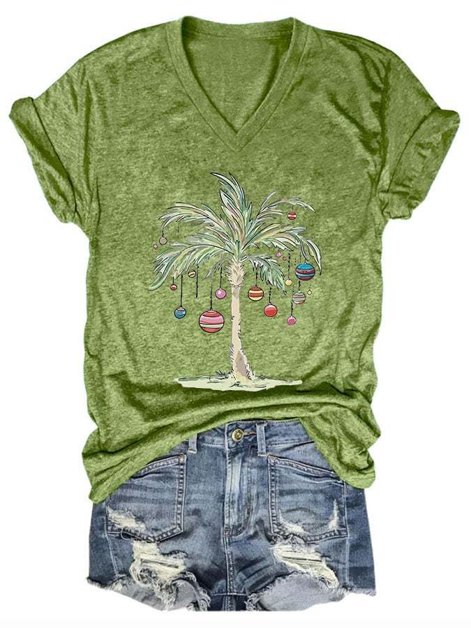 Women's Casual Merry Christmas From Coconut Tree Printed Short Sleeve T-Shirt