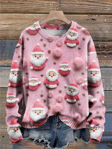 Pink Christmas Snowman Print Casual Knitted Sweater