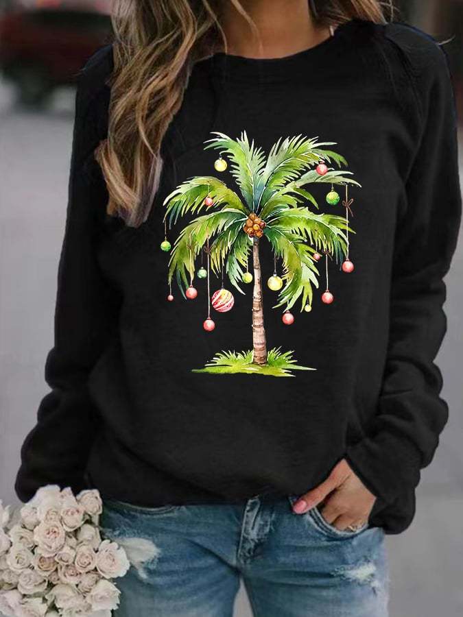 Women's Casual Christmas Palm Tree Print Long Sleeve Sweatshirt