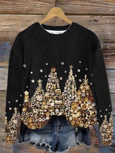 Women's Christmas Tree Jewel Art Crew Neck Sweatshirt