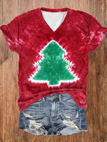 Women's Tie-Dye Christmas Tree Print Casual V-Neck Tee