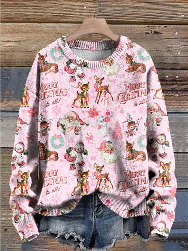 Pink Christmas Elk Print Casual Knitted Sweater