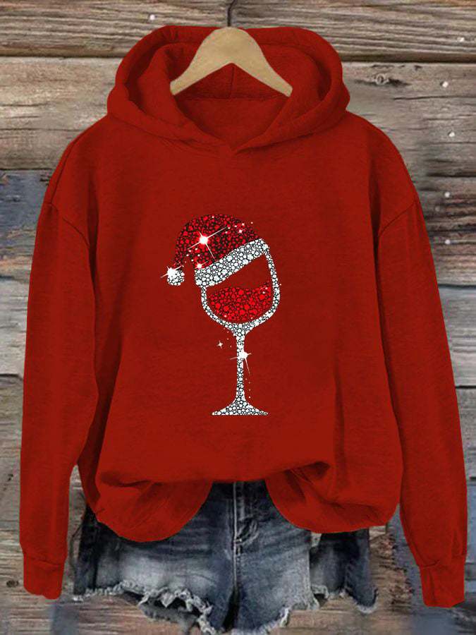 Women's Christmas Shiny Red Wine Glass Casual Hoodie