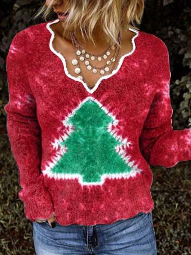 Women's Tie-Dye Christmas Tree Print Casual Lace V-Neck Top
