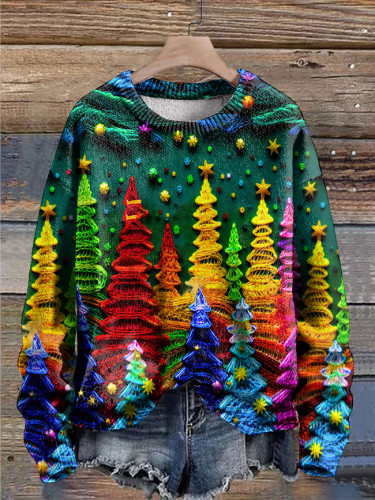 Colorful Christmas Tree Print Casual Knitted Sweater