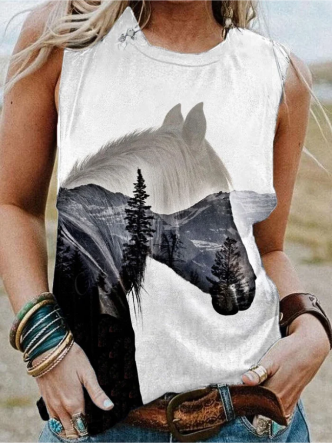Women's Vintage Western Horse Forest Print Casual Tank Top