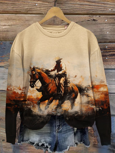 Vintage Western Horse Print Casual Print Sweatshirt
