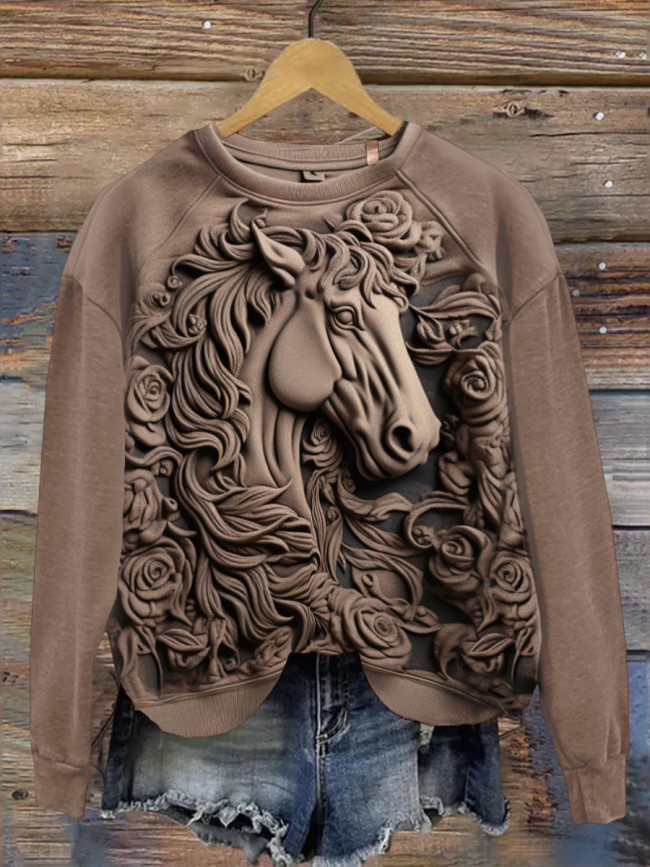 Retro Horse Print Casual Sweatshirt