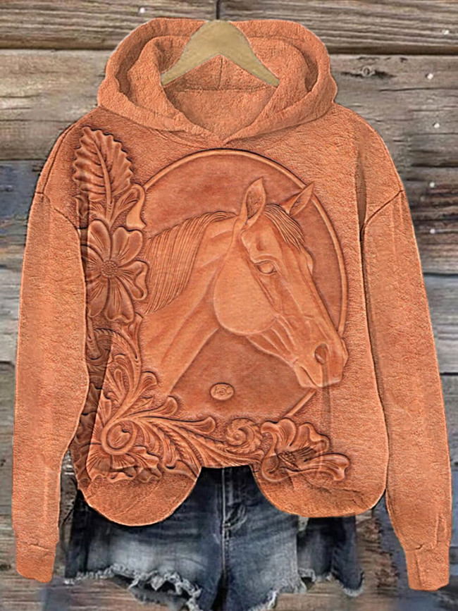 Western Horse Print Vintage Casual Cozy Hoodie