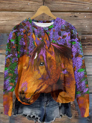 Flower Horse Head Printed Women's Sweatshirt