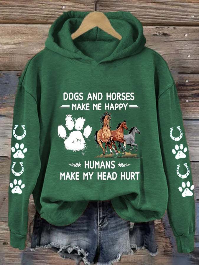 🐴Women's Horses & Dogs Make Me Happy Humans Make My Head Hurt Dog Lovers Printed Casual Hoodie