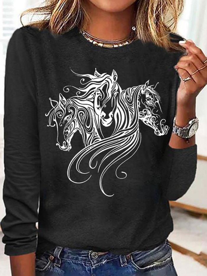 Vintage Horse Print Long Sleeve Casual T-Shirt