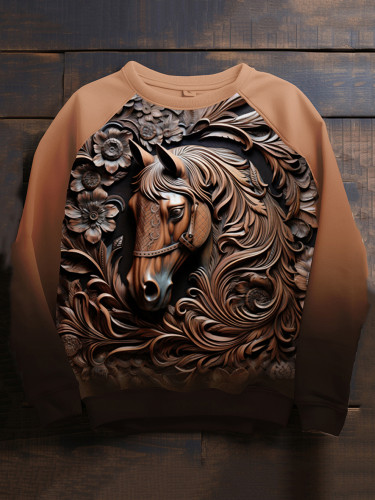 Vintage Art Horse Print Round Neck Casual Sweatshirt