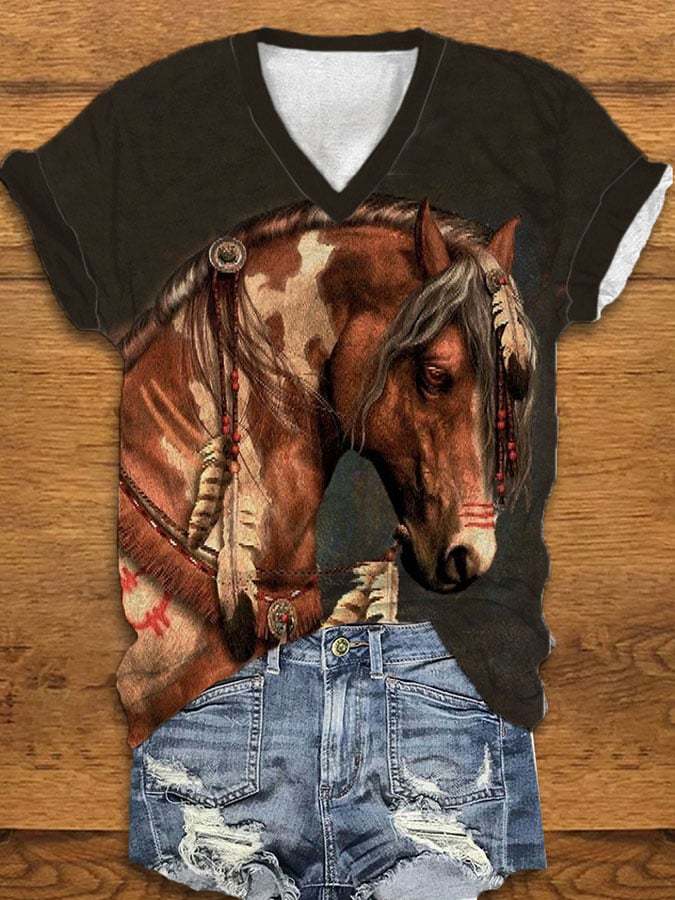 Women's Western Horse Print V-Neck T-Shirt