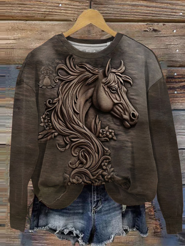 Vintage Western Horse Print Casual Sweatshirt