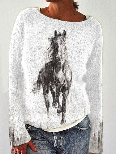 Ink Painting Horse Printing Casual Sweater