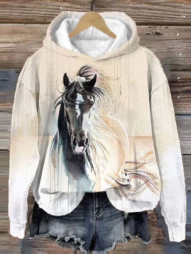 Western Horse Print Casual Long Sleeve Hoodie