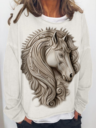 Retro Horse Art Print Casual Round Neck Sweatshirt