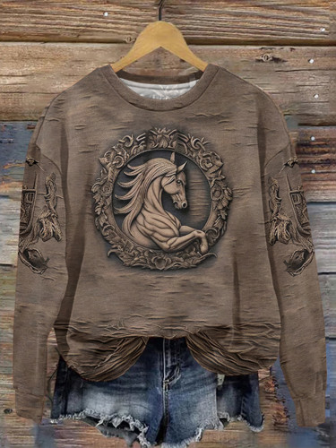 Vintage Western Horse Print Crew Neck Sweatshirt