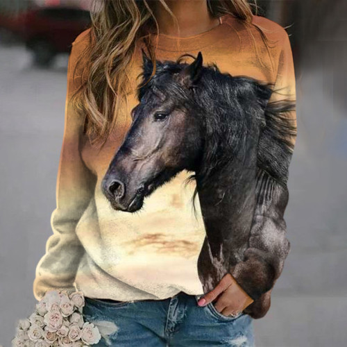 Vintage Horse Print Casual Long Sleeve Sweatshirt