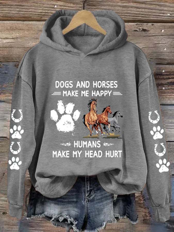 🐴Women's Horses & Dogs Make Me Happy Humans Make My Head Hurt Dog Lovers Printed Casual Hoodie