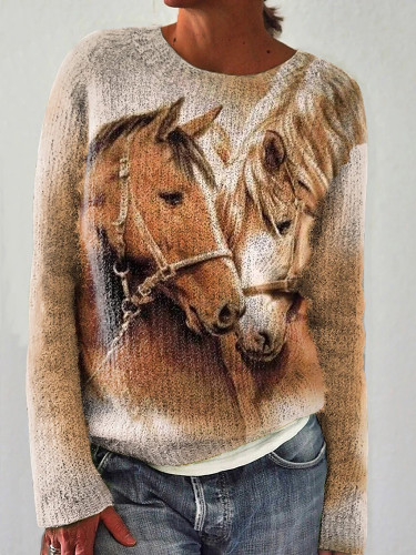 Autumn Winter Cute Horse Watercolor Print Casual Knit Pullover Sweater