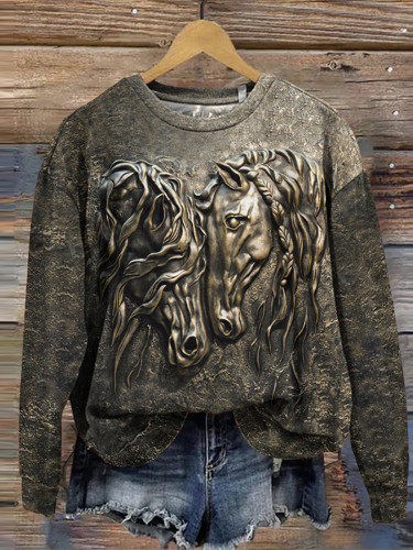 Vintage Art Horse Print Casual Crew Neck Sweatshirt