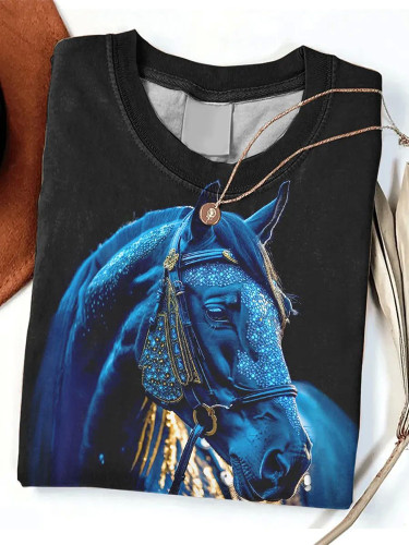 Horse Print Long Sleeve Casual T-Shirt