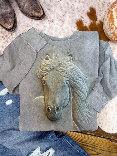 Vintage Western Horse Print Casual Cozy Sweatshirt