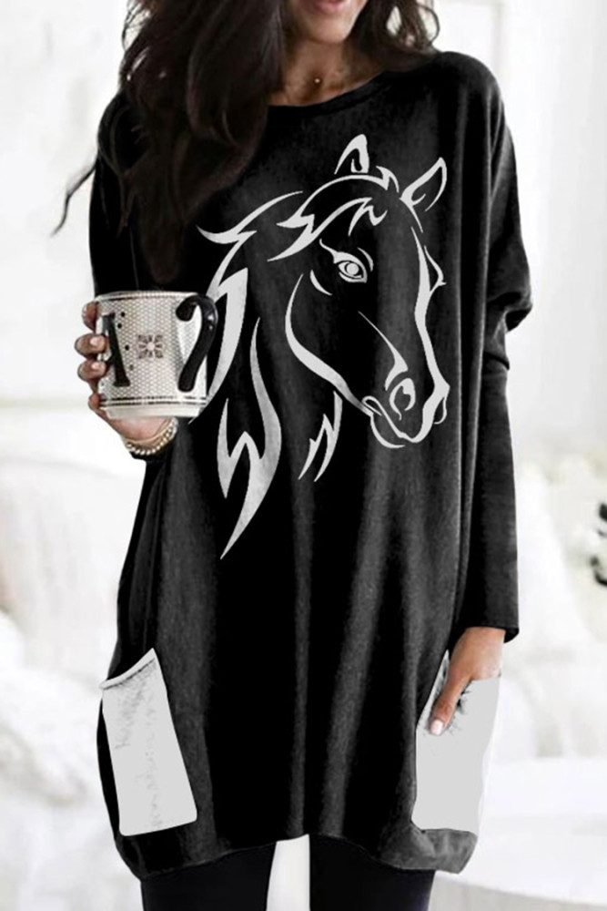 Casual Colorblock Horse Print Tunic