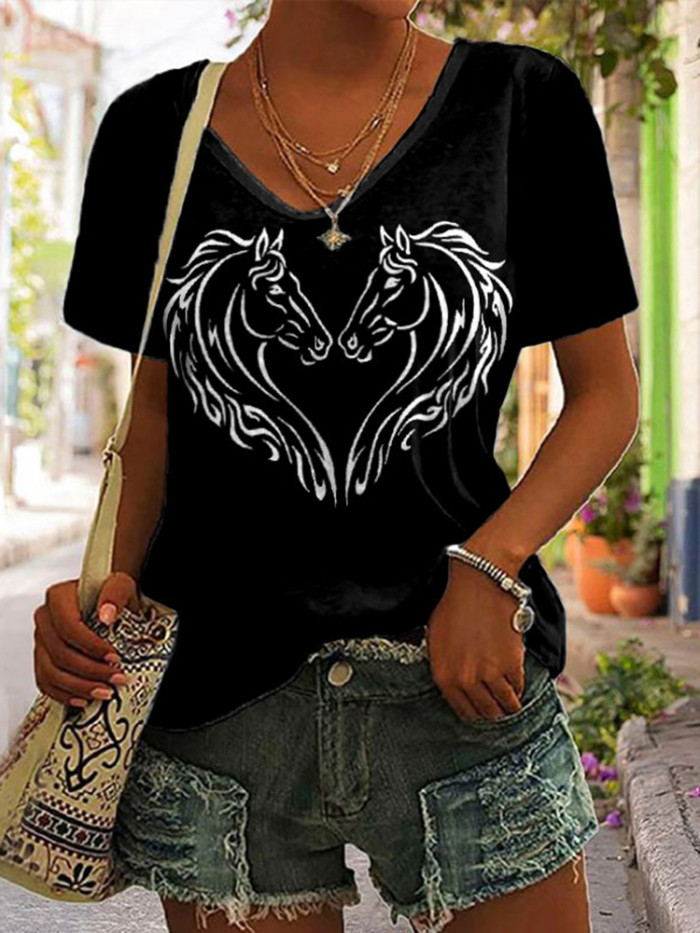 Casual Horse Heart Print T-Shirt