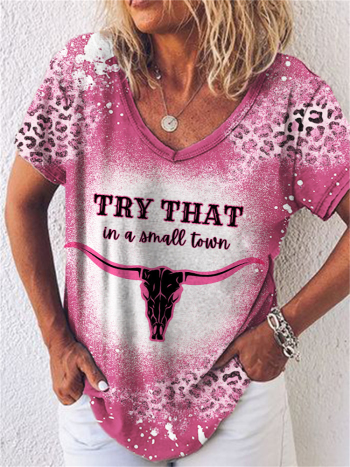 Try That in A Small Town Bull Skull Leopard Bleached T Shirt