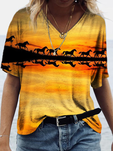 Wild Horses In The Sunset Horse Lover V Neck T Shirt